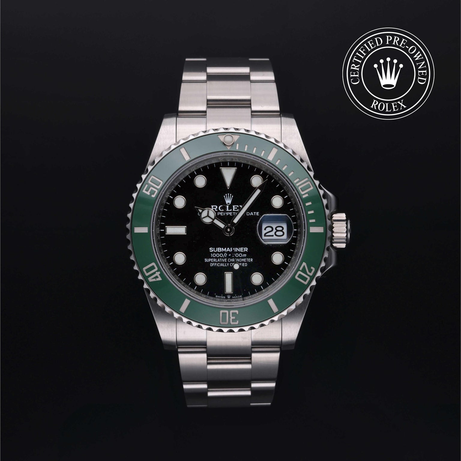 Rolex Certified Pre-owned Submariner M126610LV-0002 front on black background