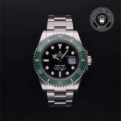 Rolex Certified Pre-owned Submariner M126610LV-0002 front on black background
