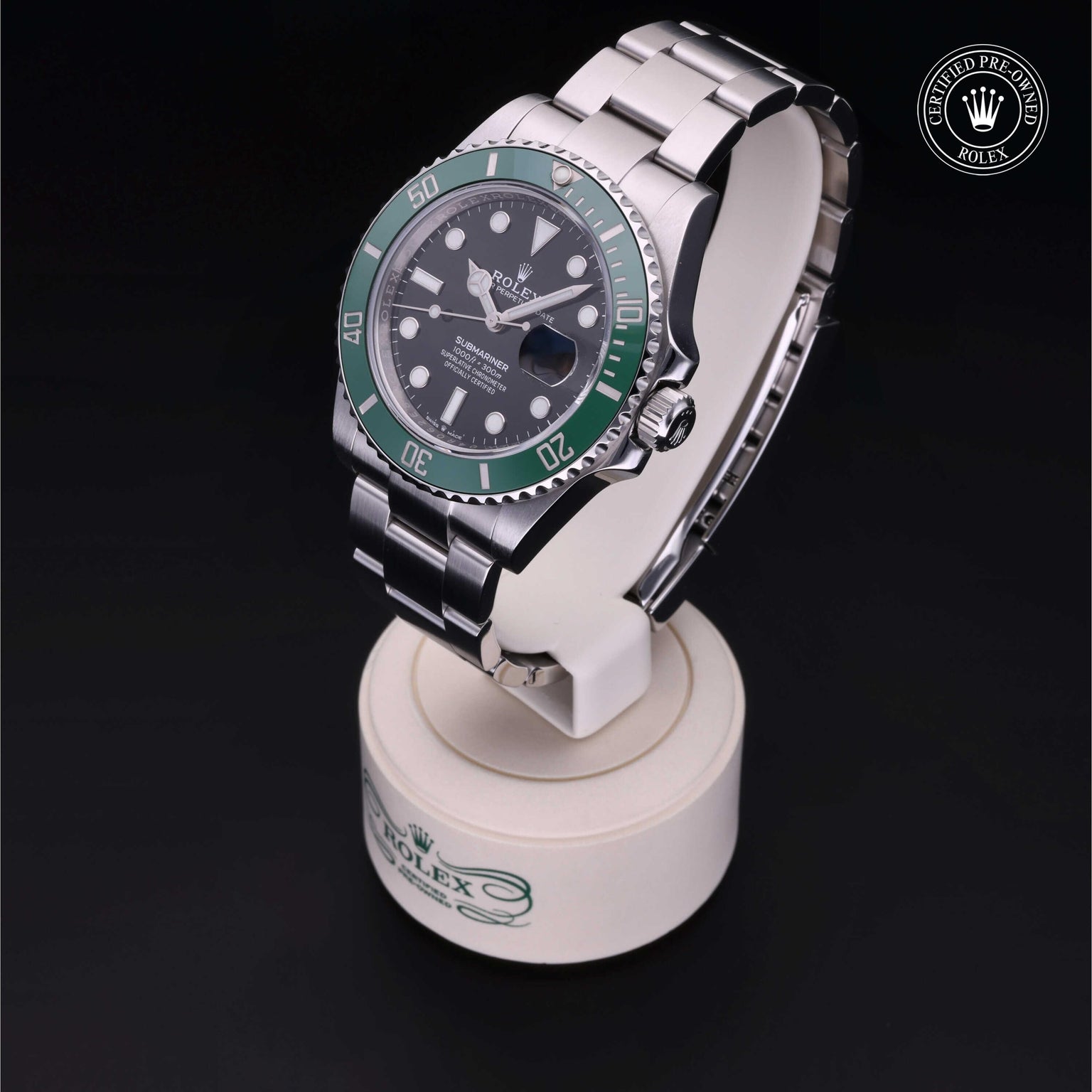 Rolex Certified Pre-owned Submariner M126610LV-0002 front on black background