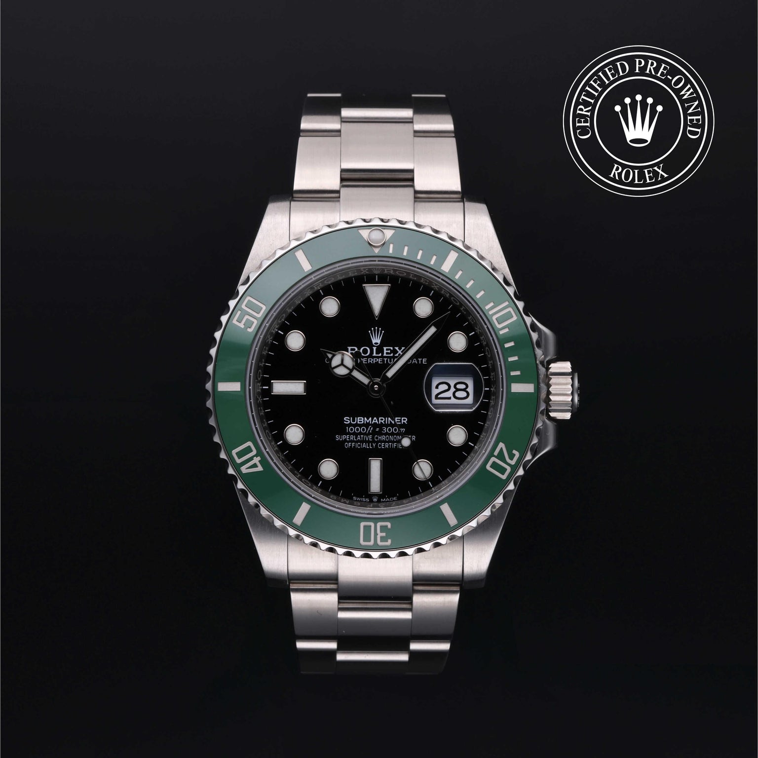 Rolex Certified Pre-owned Submariner M126610LV-0002 front on black background