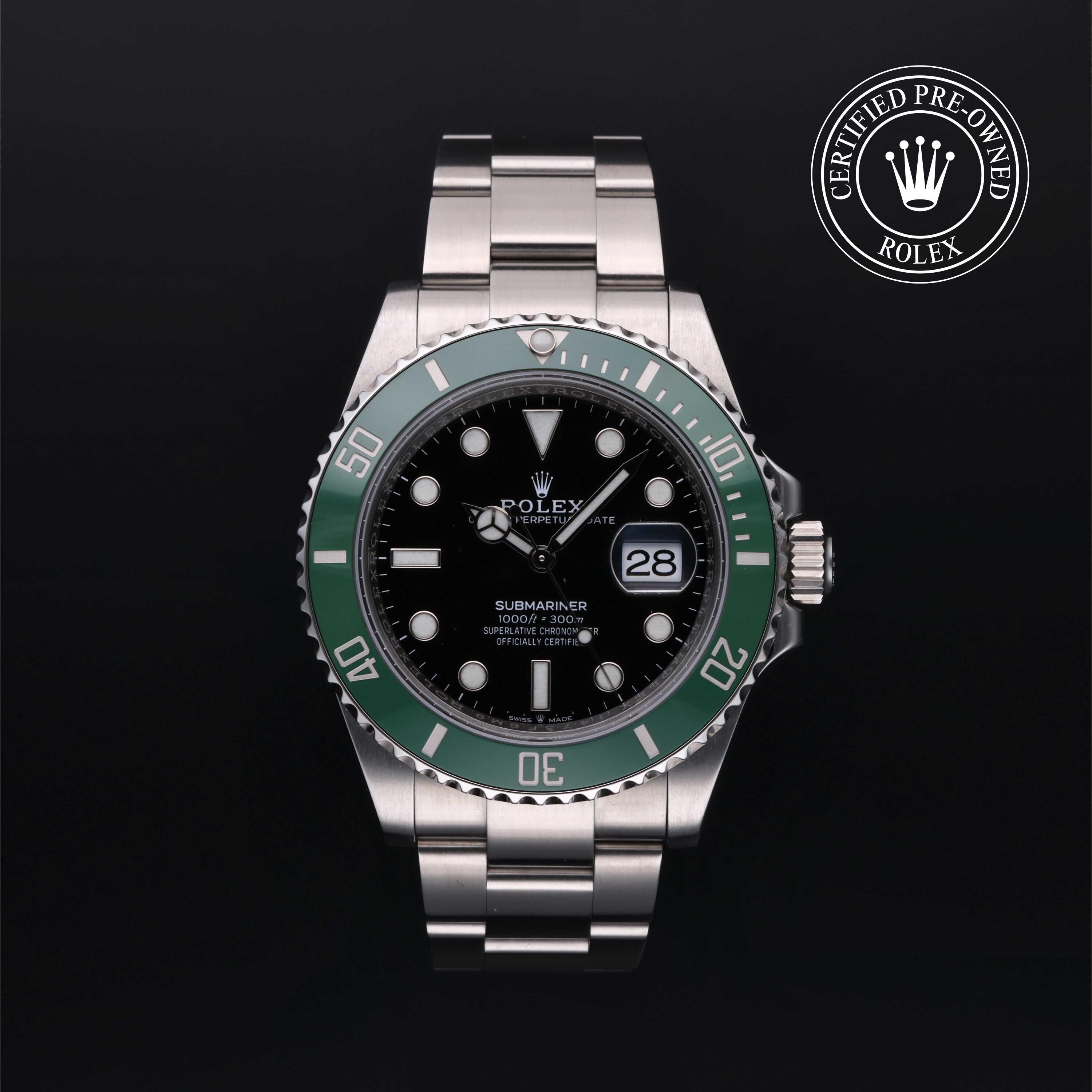 Rolex Certified Pre-owned Submariner M126610LV-0002 front on black background