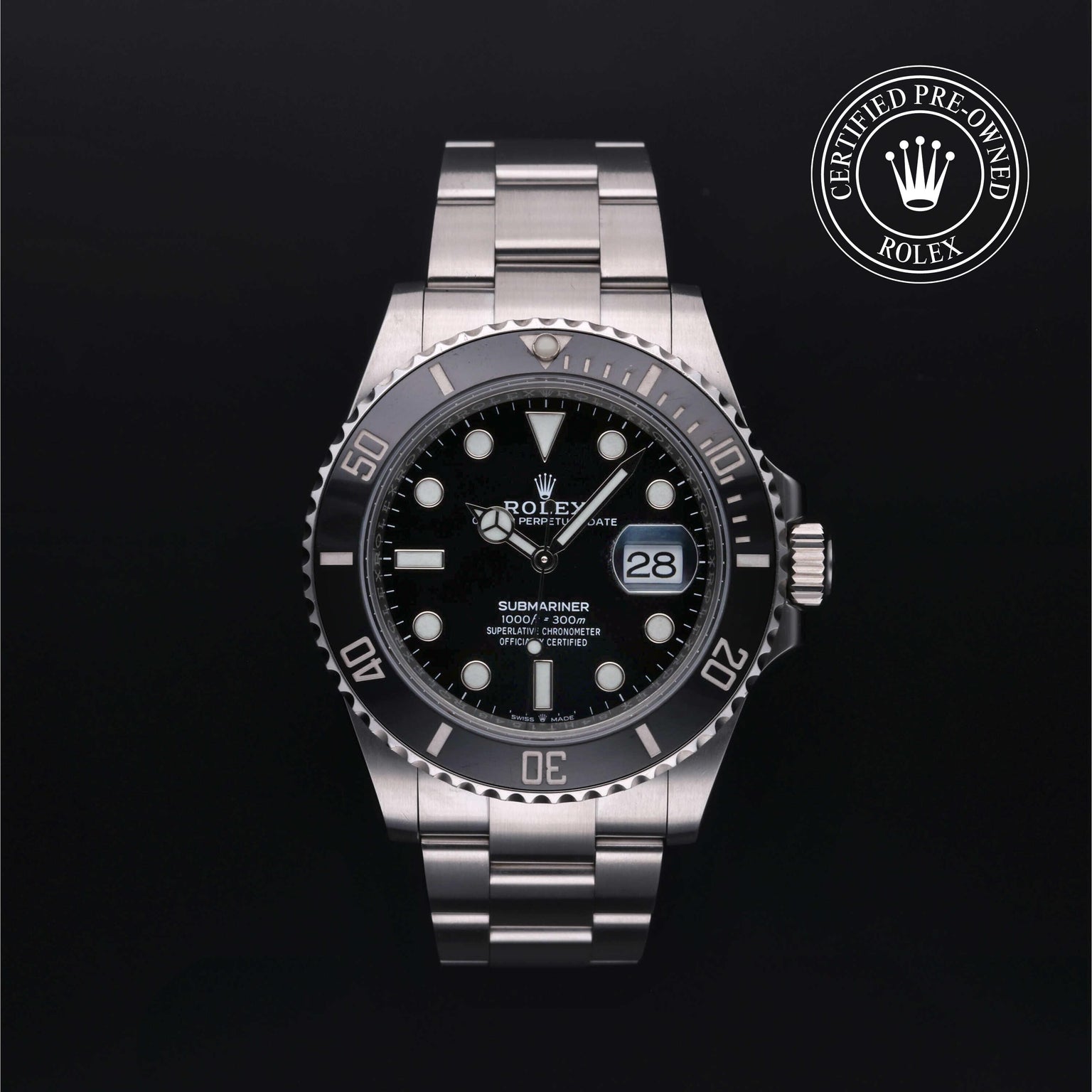 Rolex Certified Pre-owned Submariner M126610LN-0001 front on black background