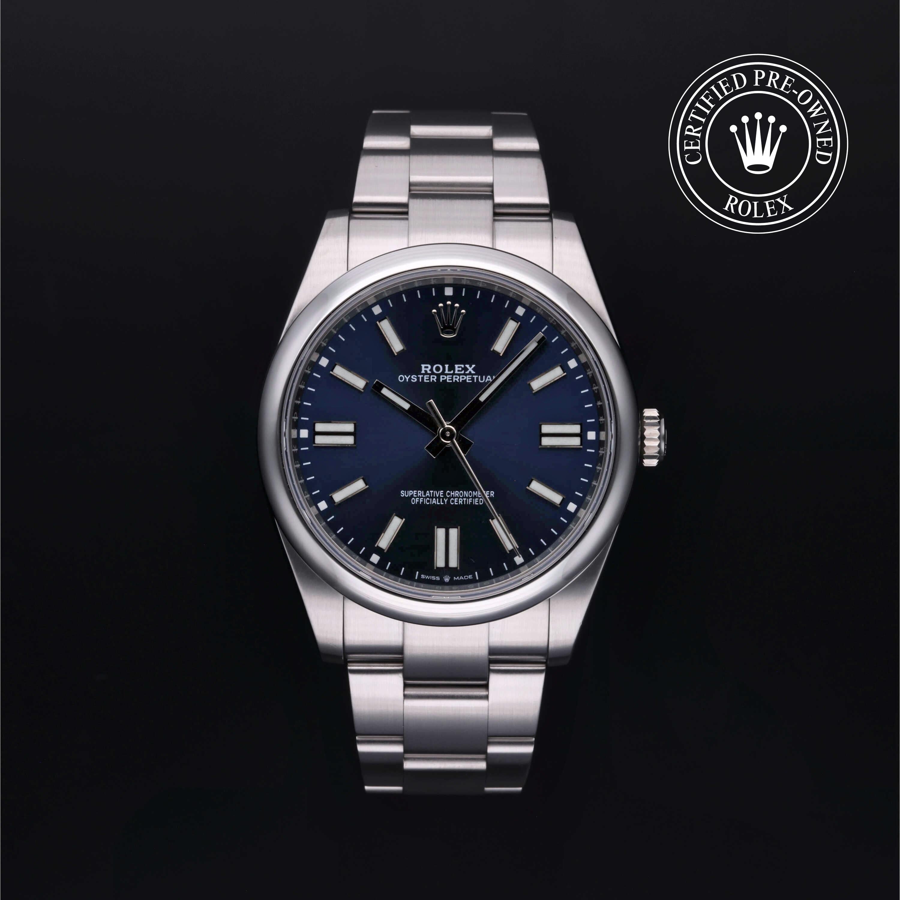 Rolex Certified Pre-owned Oyster Perpetual M124300-0003 front on black background