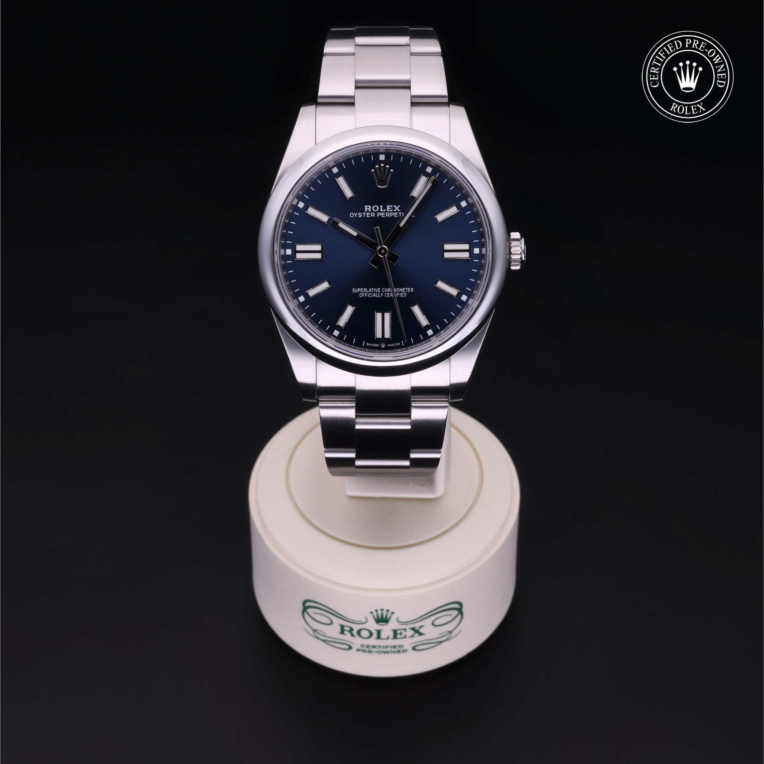 Rolex Certified Pre-owned Oyster Perpetual M124300-0003 front on black background