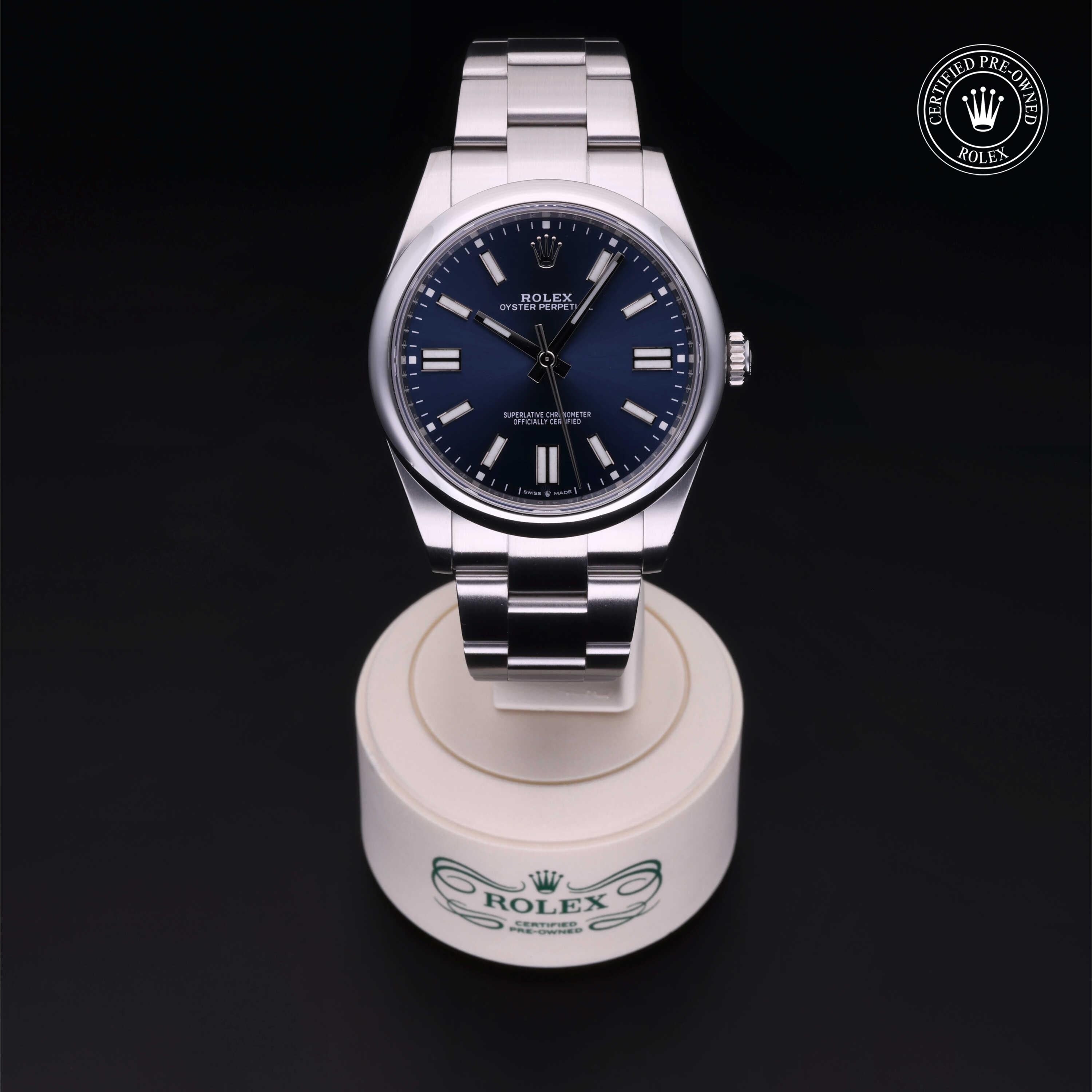 Rolex Certified Pre-owned Oyster Perpetual M124300-0003 front on black background