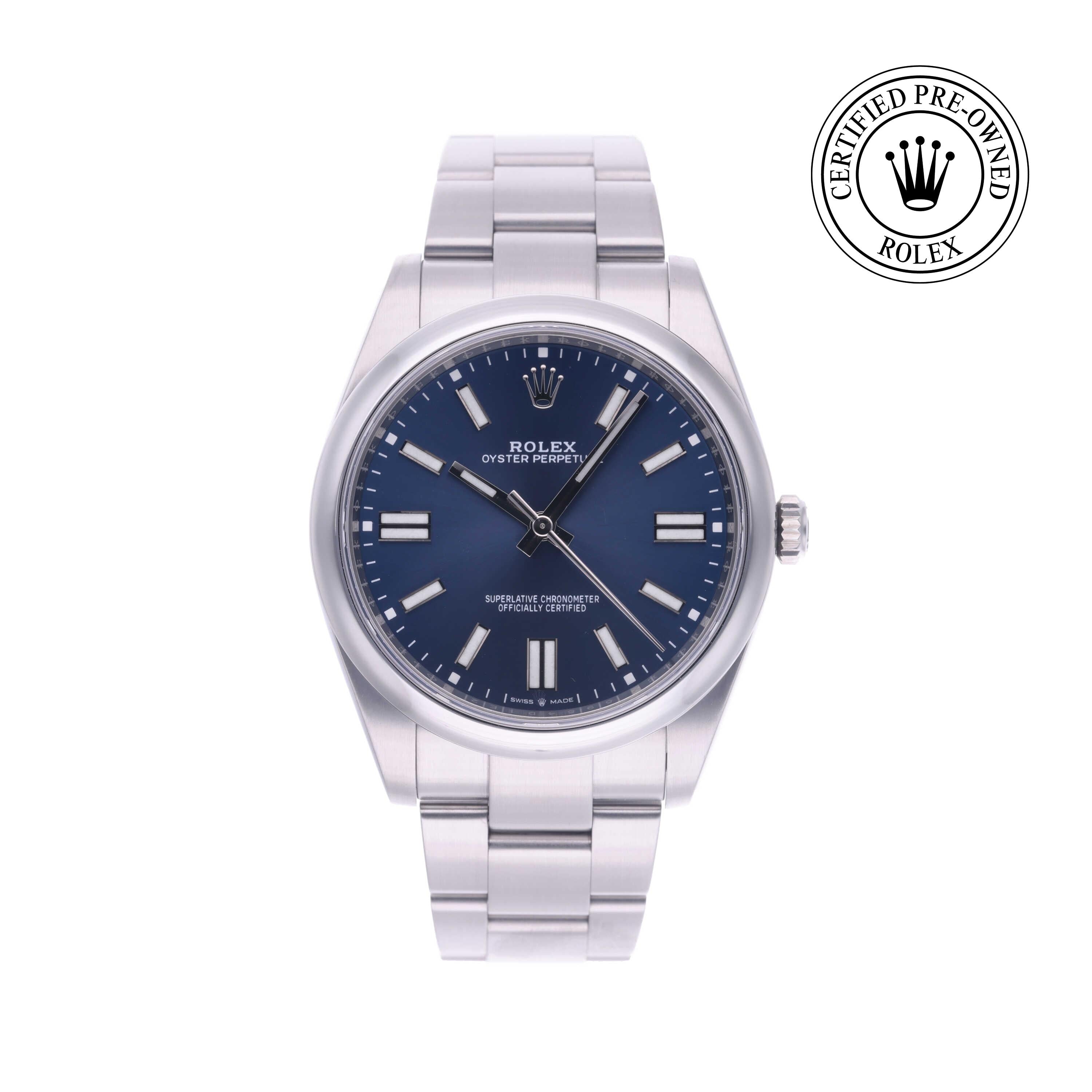 Rolex Certified Pre-owned Oyster Perpetual M124300-0003 front on white background