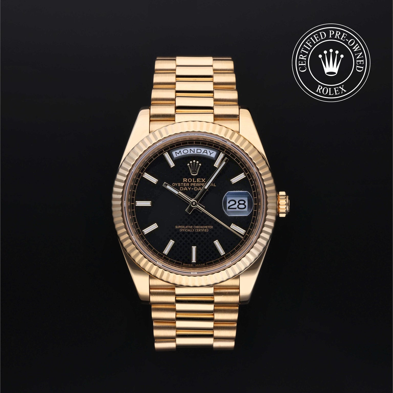 Rolex Certified Pre-owned Day-date M228238-0007 front on black background