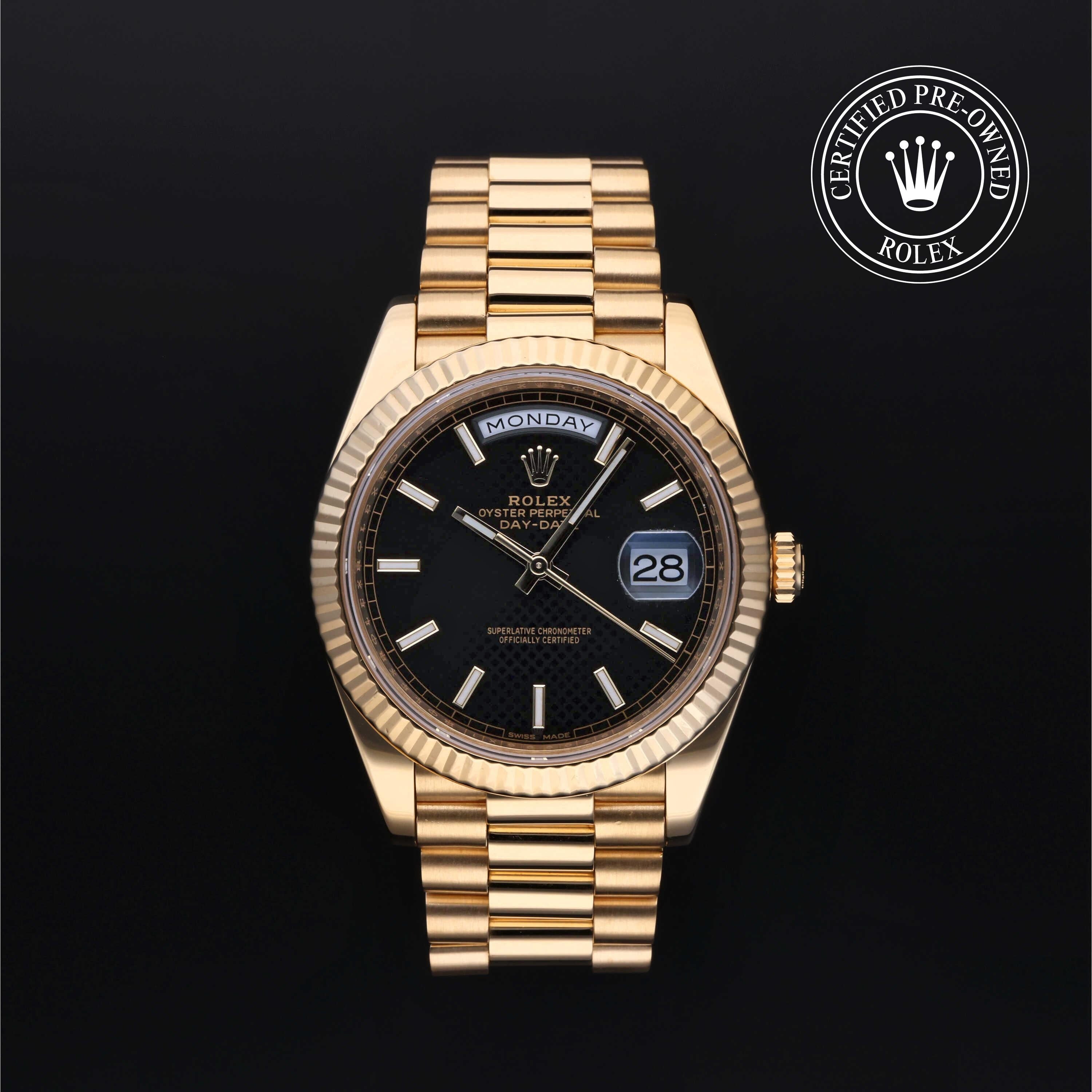 Rolex Certified Pre-owned Day-date M228238-0007 front on black background