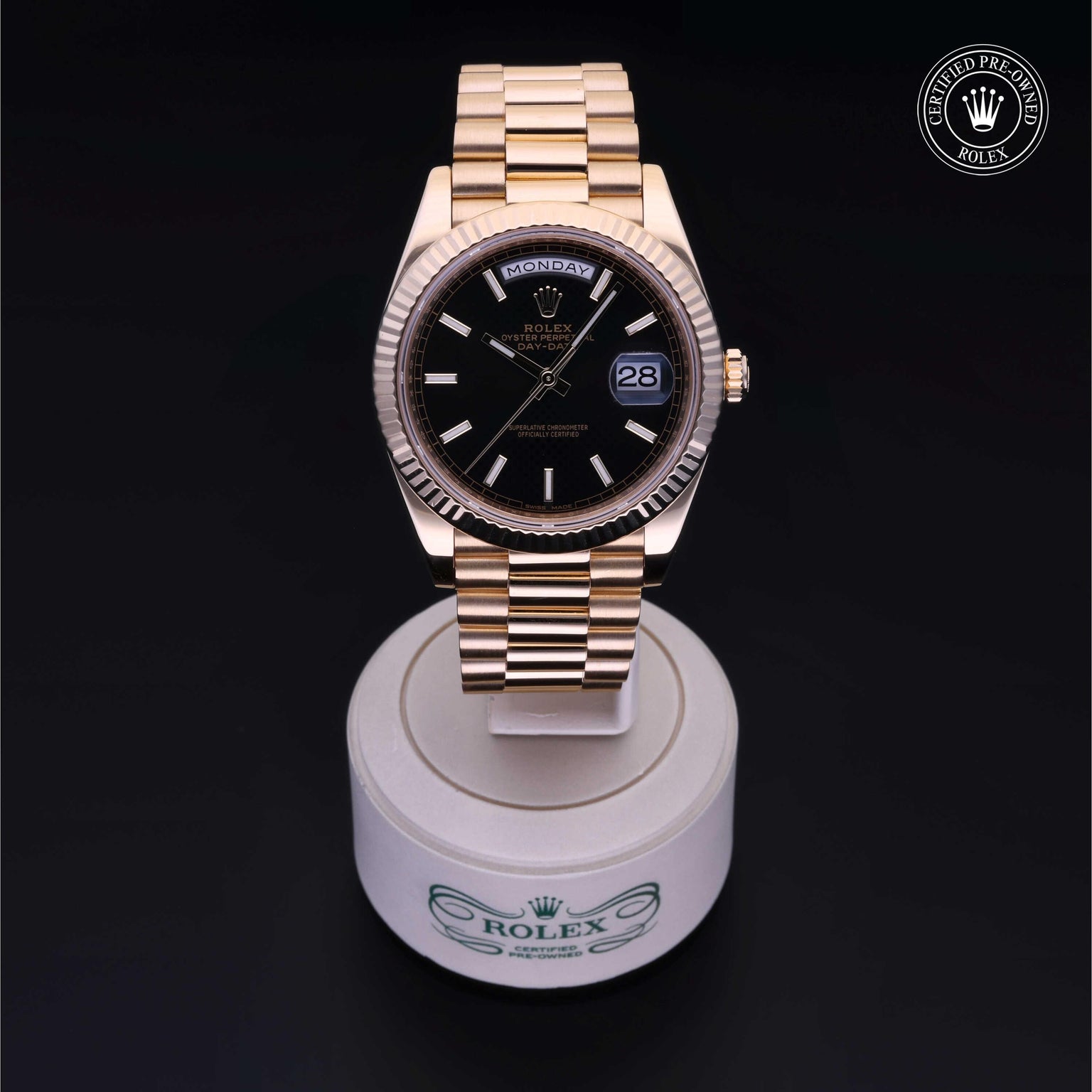Rolex Certified Pre-owned Day-date M228238-0007 front on black background