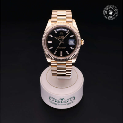 Rolex Certified Pre-owned Day-date M228238-0004 front on black background