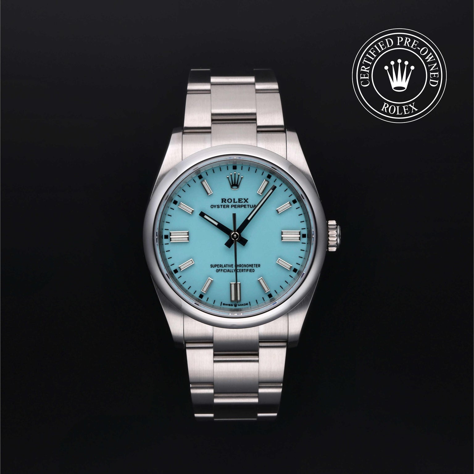 Rolex Certified Pre-owned Oyster Perpetual M126000-0006 front on black background
