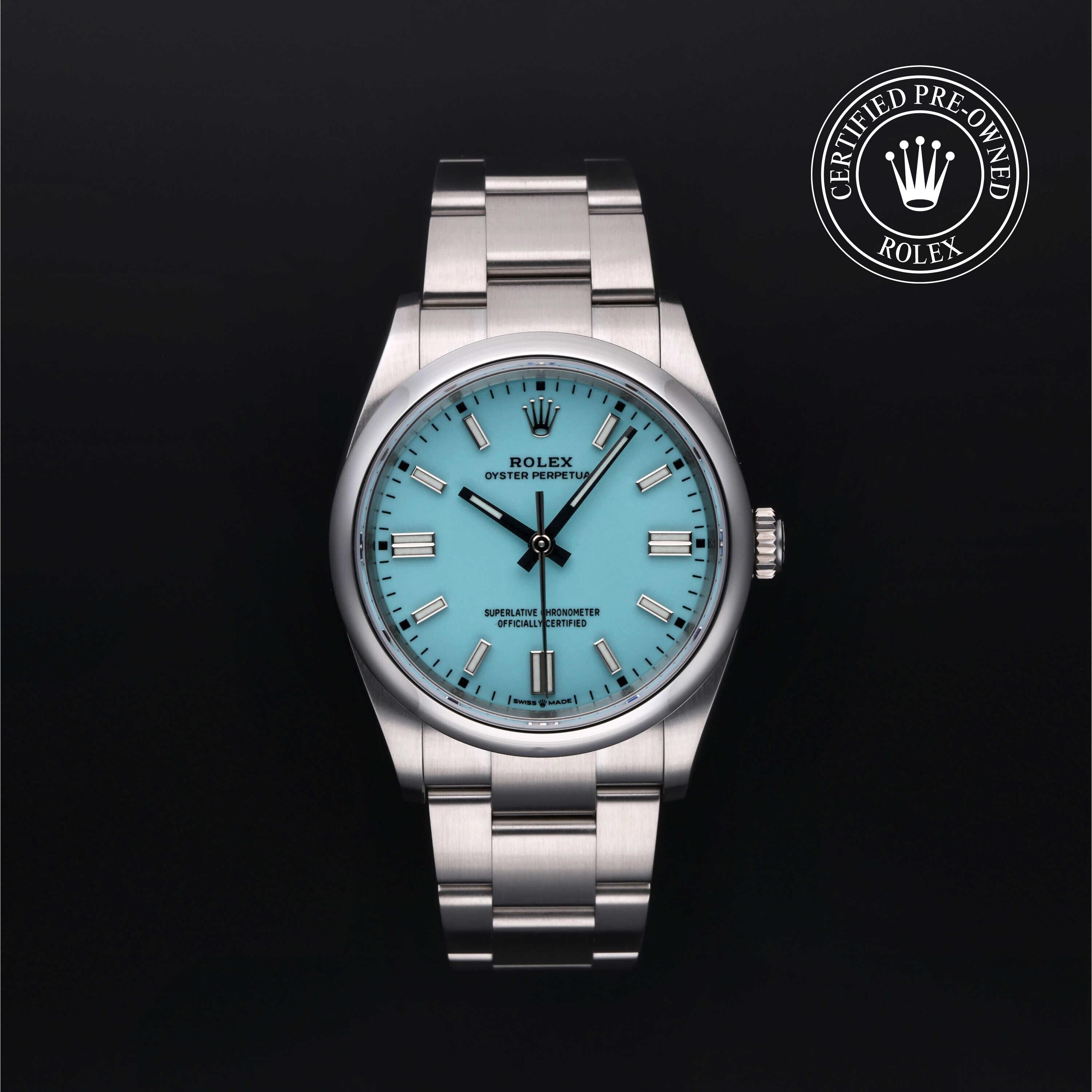 Rolex Certified Pre-owned Oyster Perpetual M126000-0006 front on black background