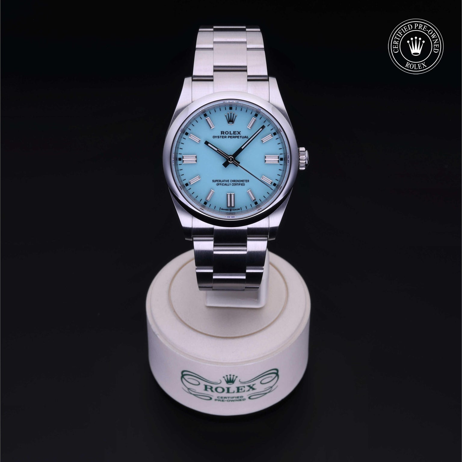 Rolex Certified Pre-owned Oyster Perpetual M126000-0006 front on black background