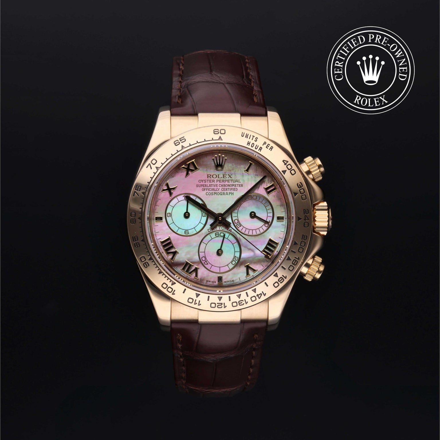Rolex Certified Pre-owned Daytona M116518-0024 front on black background