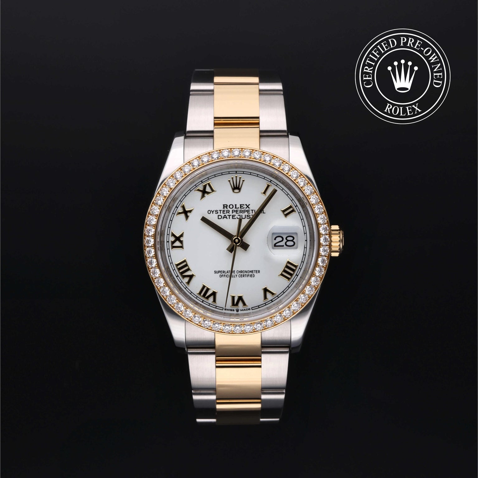 Rolex Certified Pre-owned Datejust M126283RBR-0016 front on black background