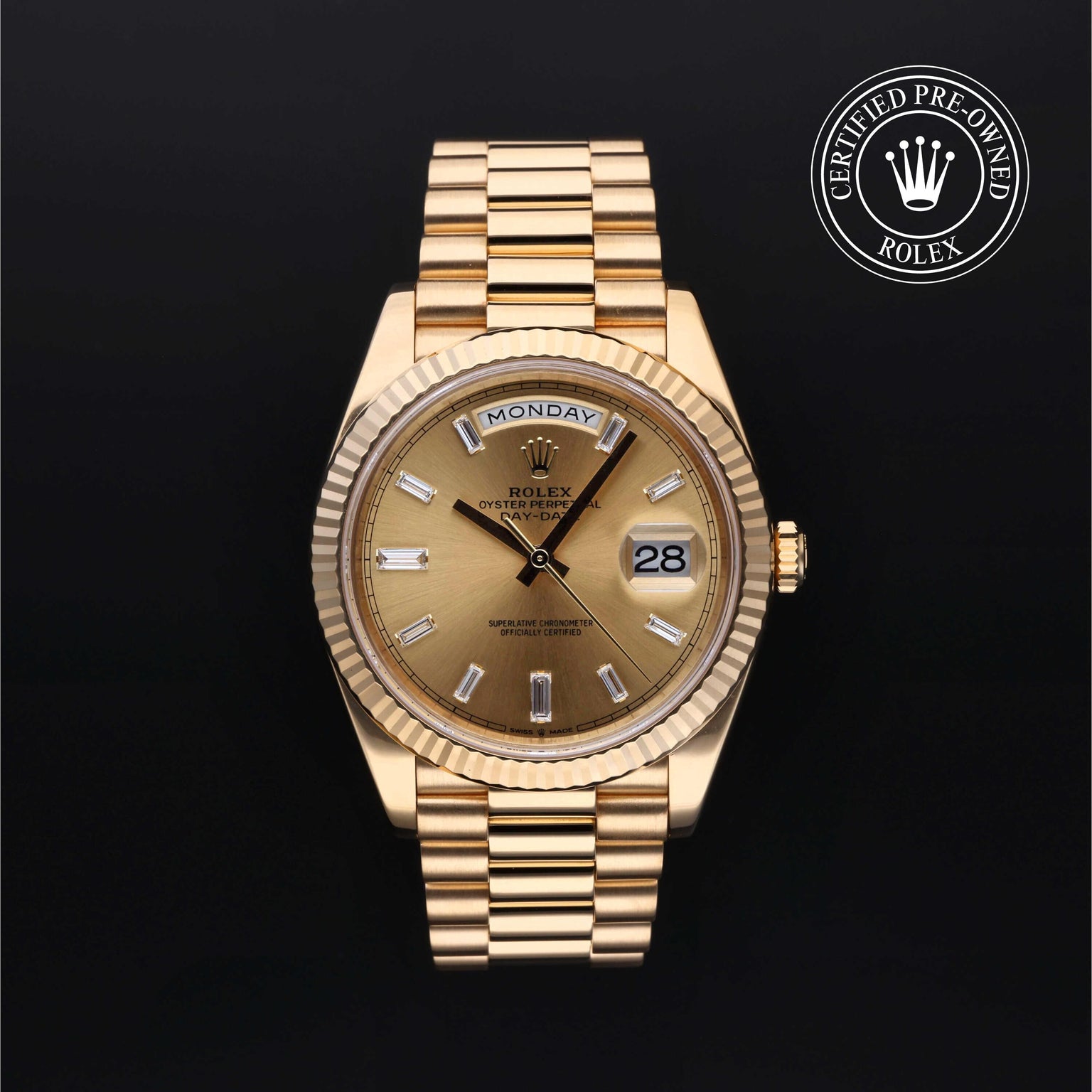 Rolex Certified Pre-owned Day-date M228238-0003 front on black background