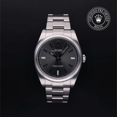 Rolex Certified Pre-owned Oyster Perpetual M114300-0001 front on black background