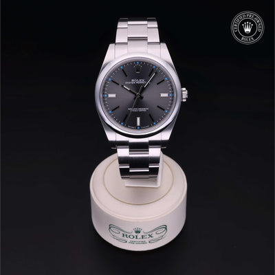 Rolex Certified Pre-owned Oyster Perpetual M114300-0001 front on black background