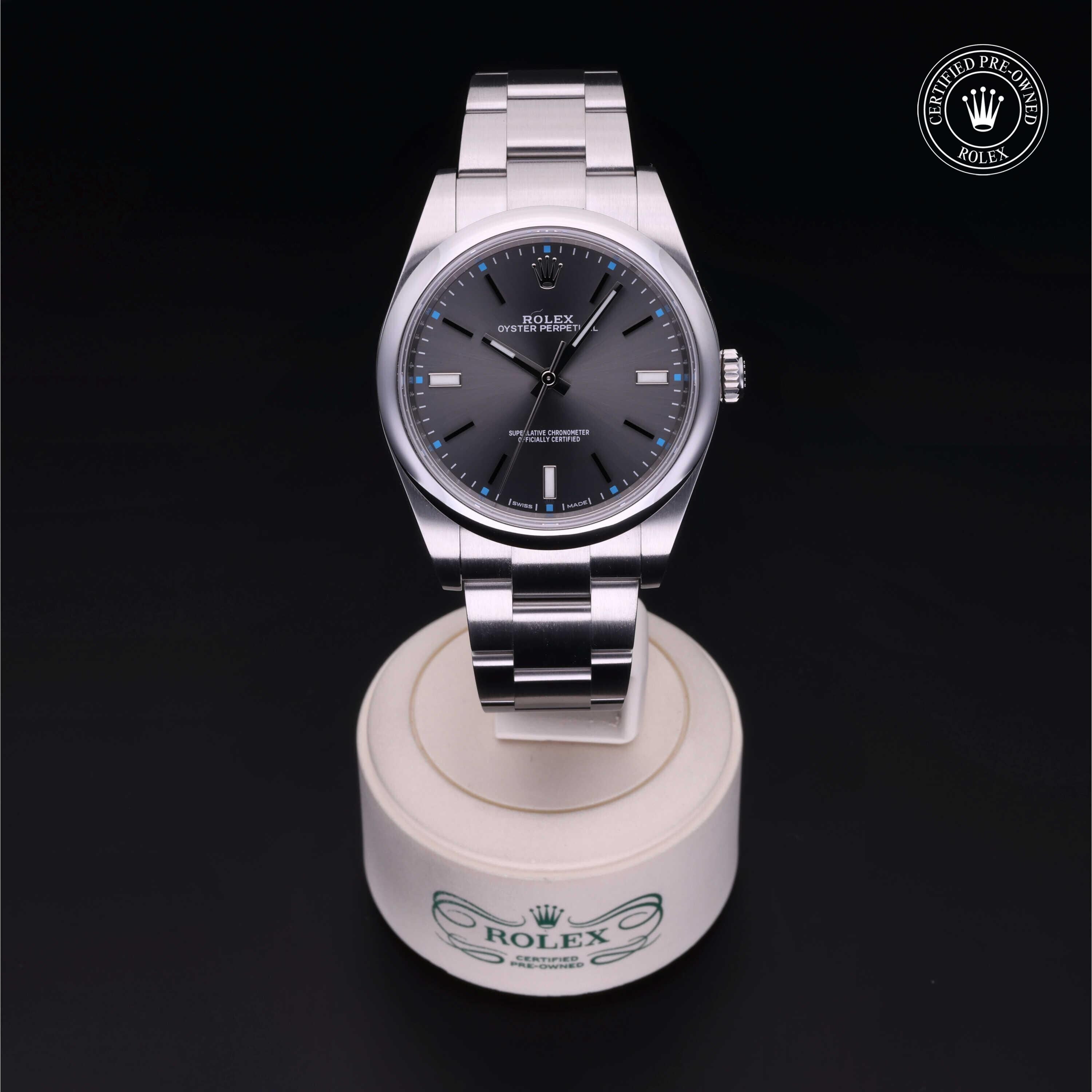 Rolex Certified Pre-owned Oyster Perpetual M114300-0001 front on black background