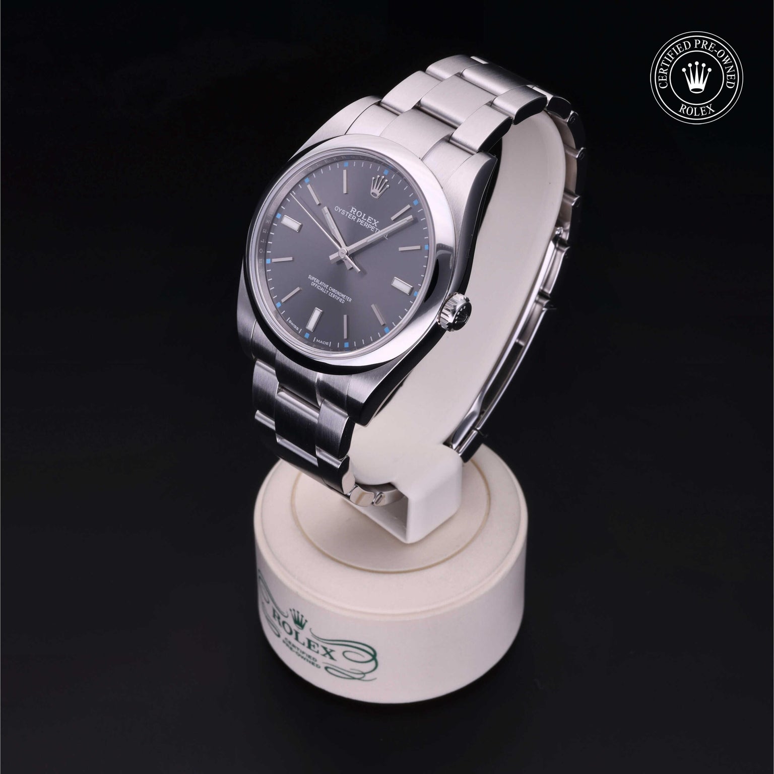 Rolex Certified Pre-owned Oyster Perpetual M114300-0001 front on black background