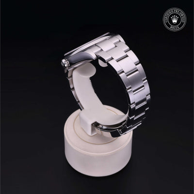Rolex Certified Pre-owned Oyster Perpetual M114300-0001 front on black background