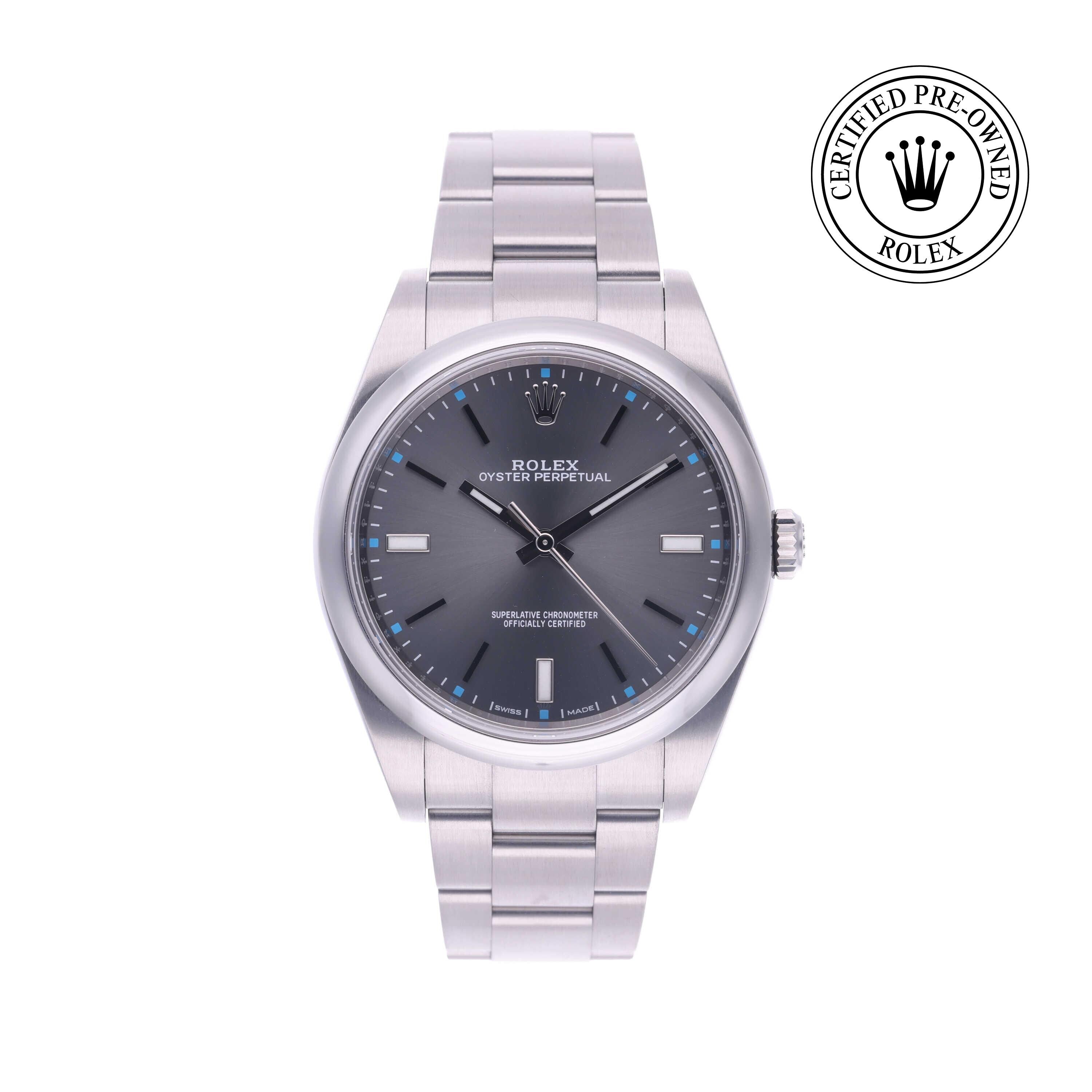 Rolex Certified Pre-owned Oyster Perpetual M114300-0001 front on white background