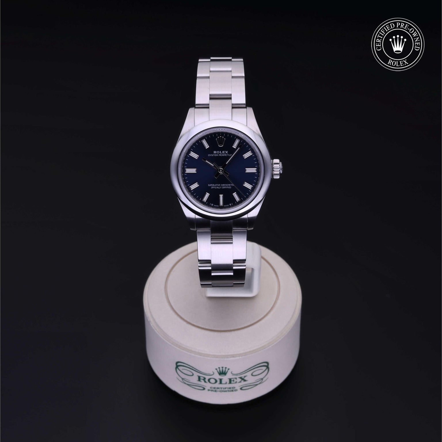 Rolex Certified Pre-owned Oyster Perpetual M276200-0003 front on black background