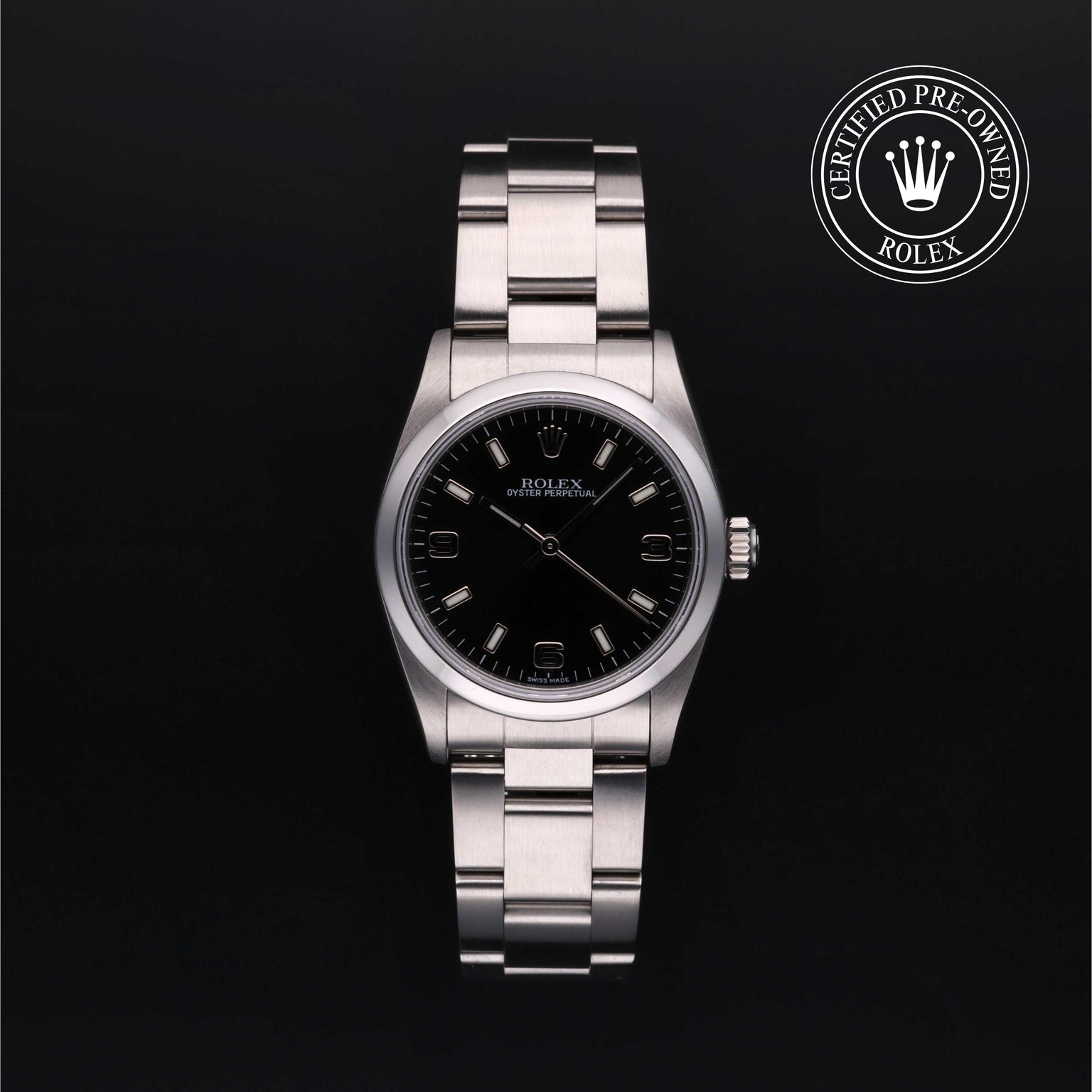 Rolex Certified Pre-owned Oyster Perpetual M77080-0025 front on black background