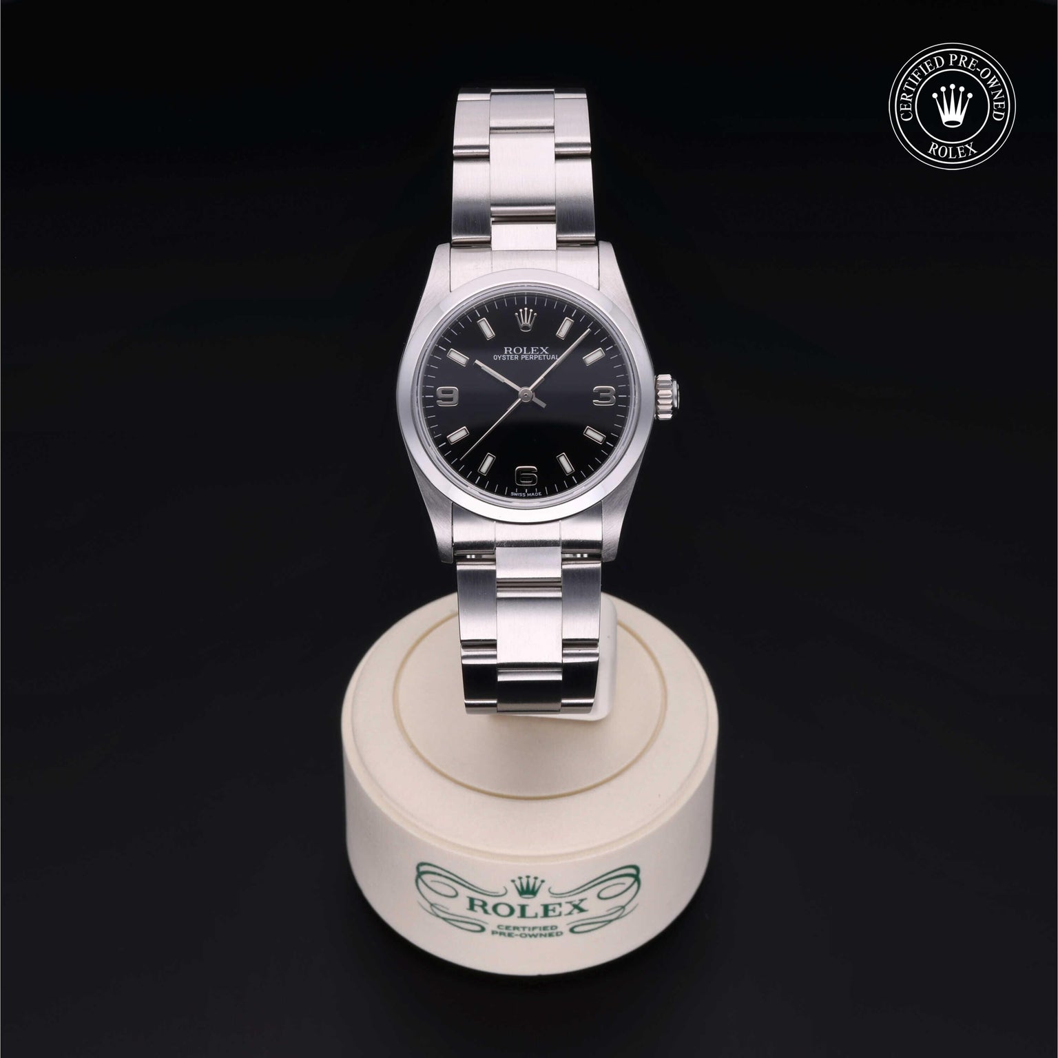 Rolex Certified Pre-owned Oyster Perpetual M77080-0025 front on black background