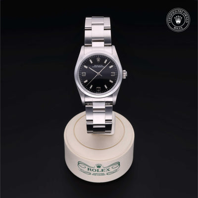 Rolex Certified Pre-owned Oyster Perpetual M77080-0025 front on black background