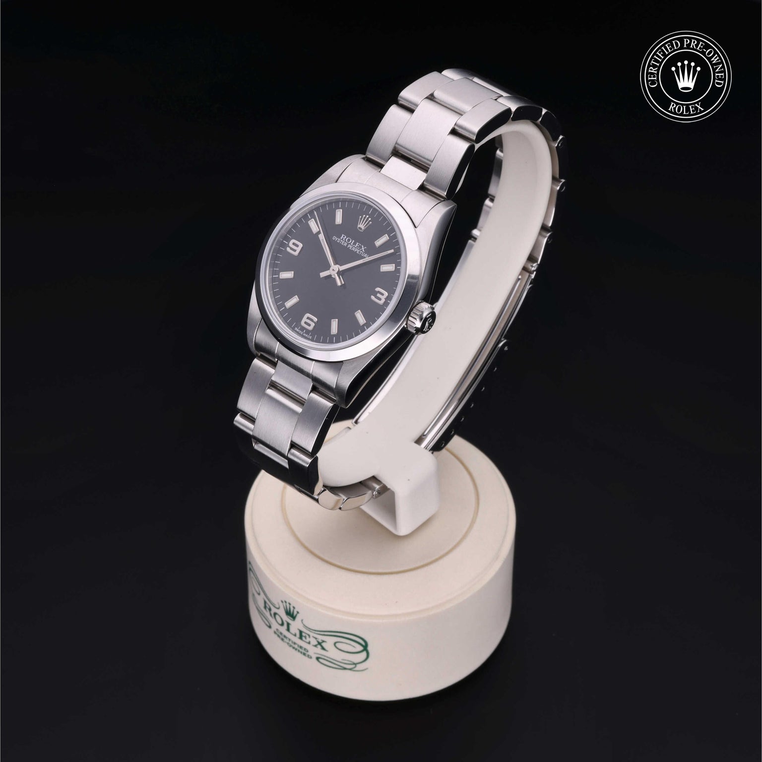 Rolex Certified Pre-owned Oyster Perpetual M77080-0025 front on black background