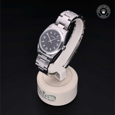 Rolex Certified Pre-owned Oyster Perpetual M77080-0025 front on black background