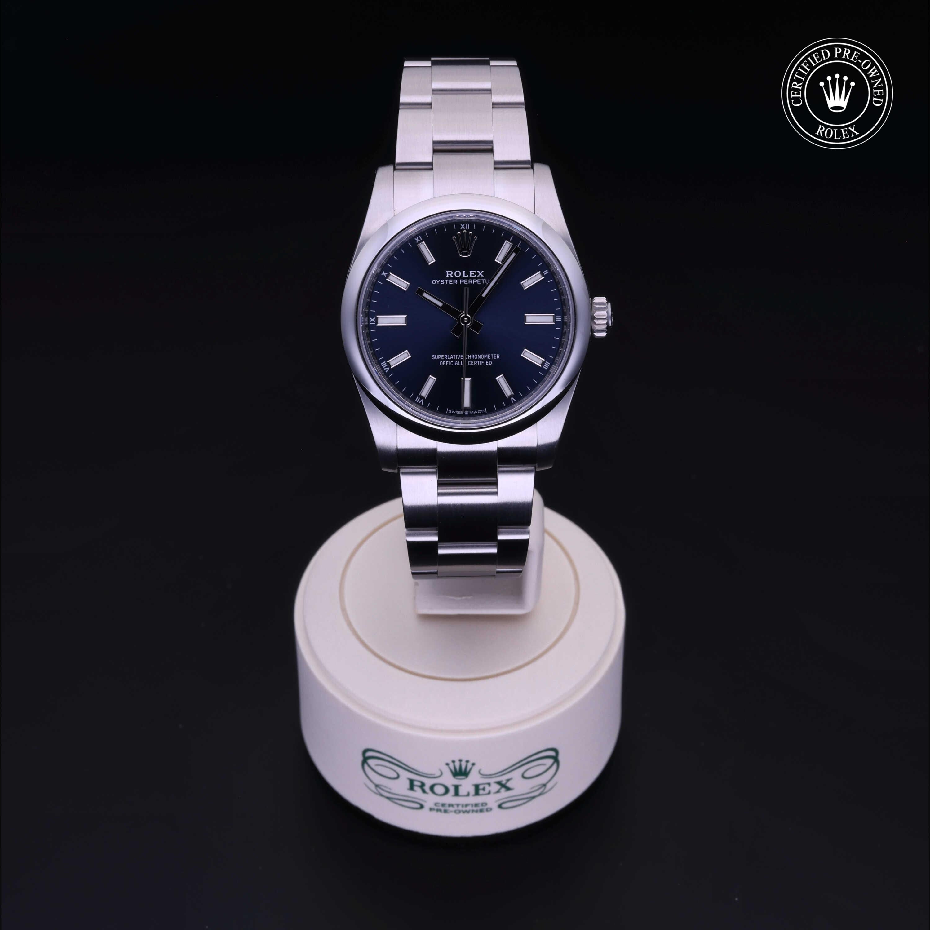 Rolex Certified Pre-owned Oyster Perpetual M124200-0003 front on black background