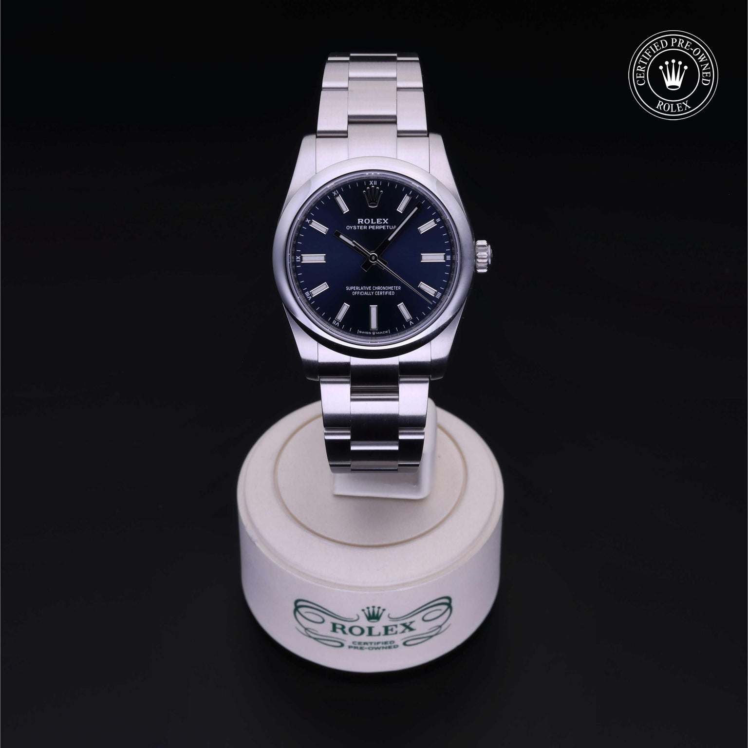 Rolex Certified Pre-owned Oyster Perpetual M124200-0003 front on black background