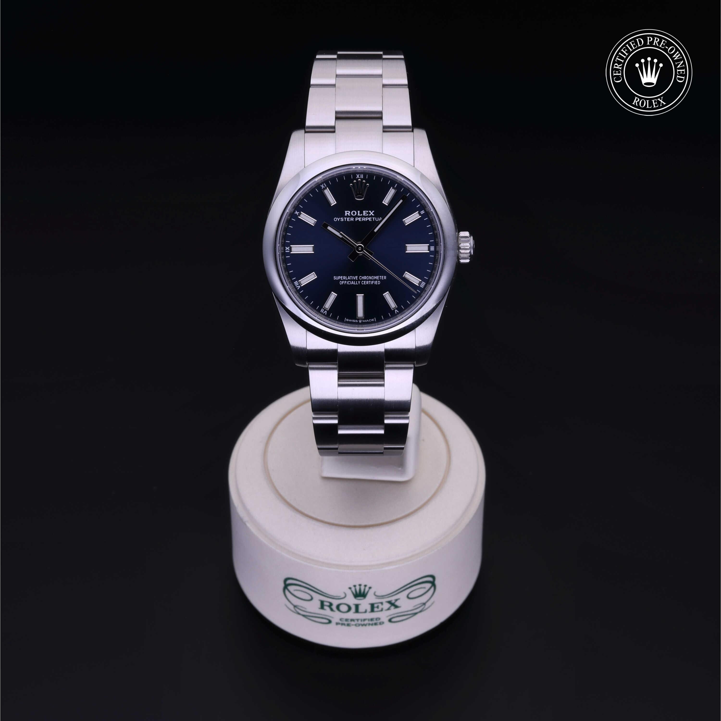 Rolex Certified Pre-owned Oyster Perpetual M124200-0003 front on black background