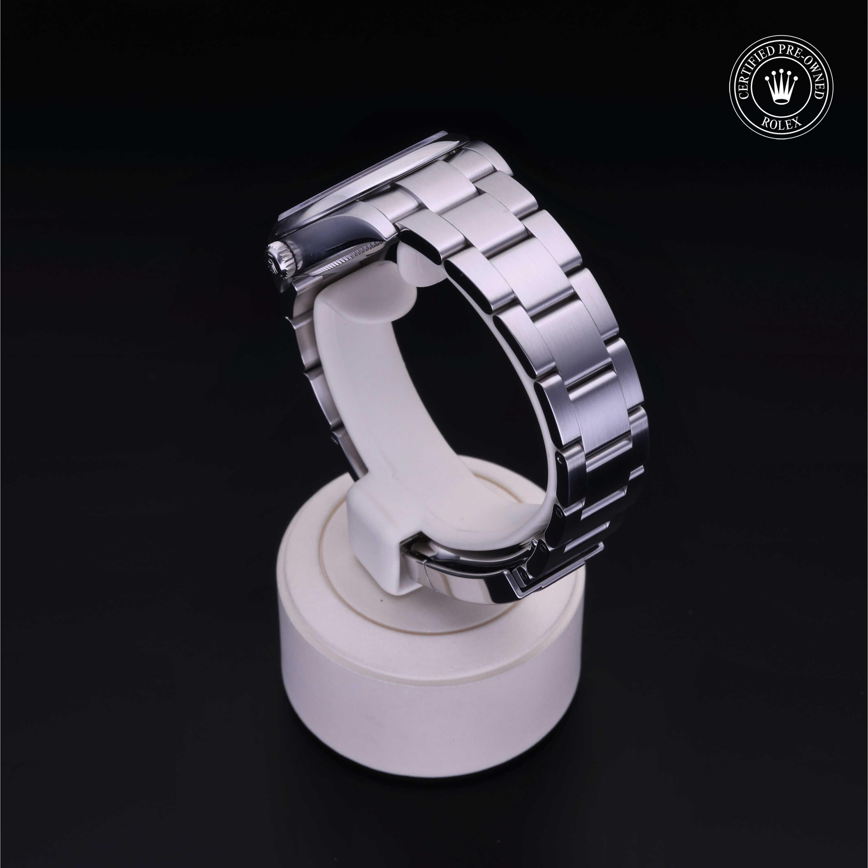Rolex Certified Pre-owned Oyster Perpetual M124200-0003 front on black background