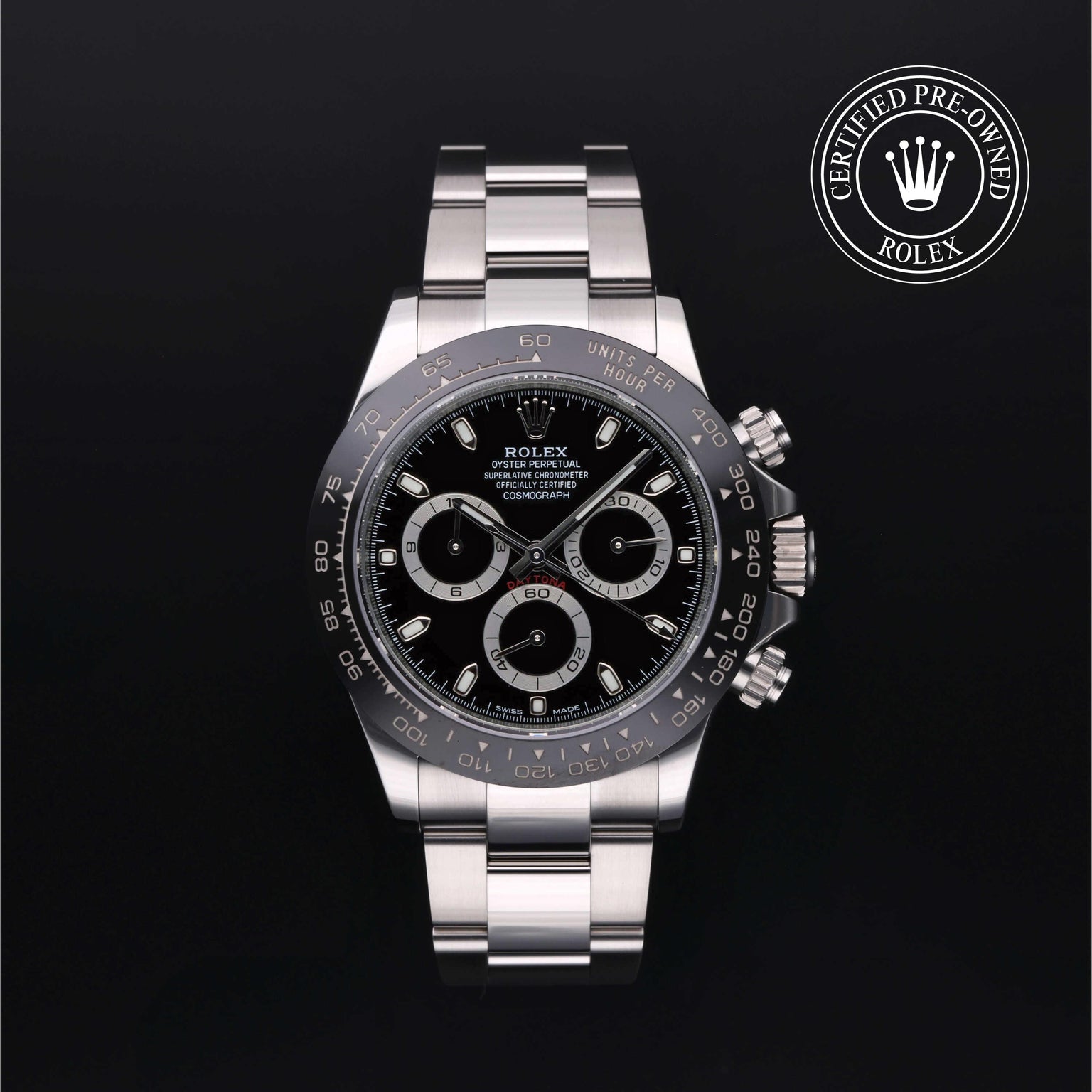 Rolex Certified Pre-owned Daytona M116500LN-0002 front on black background