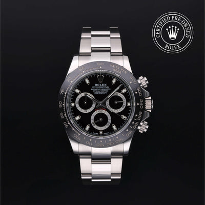 Rolex Certified Pre-owned Daytona M116500LN-0002 front on black background