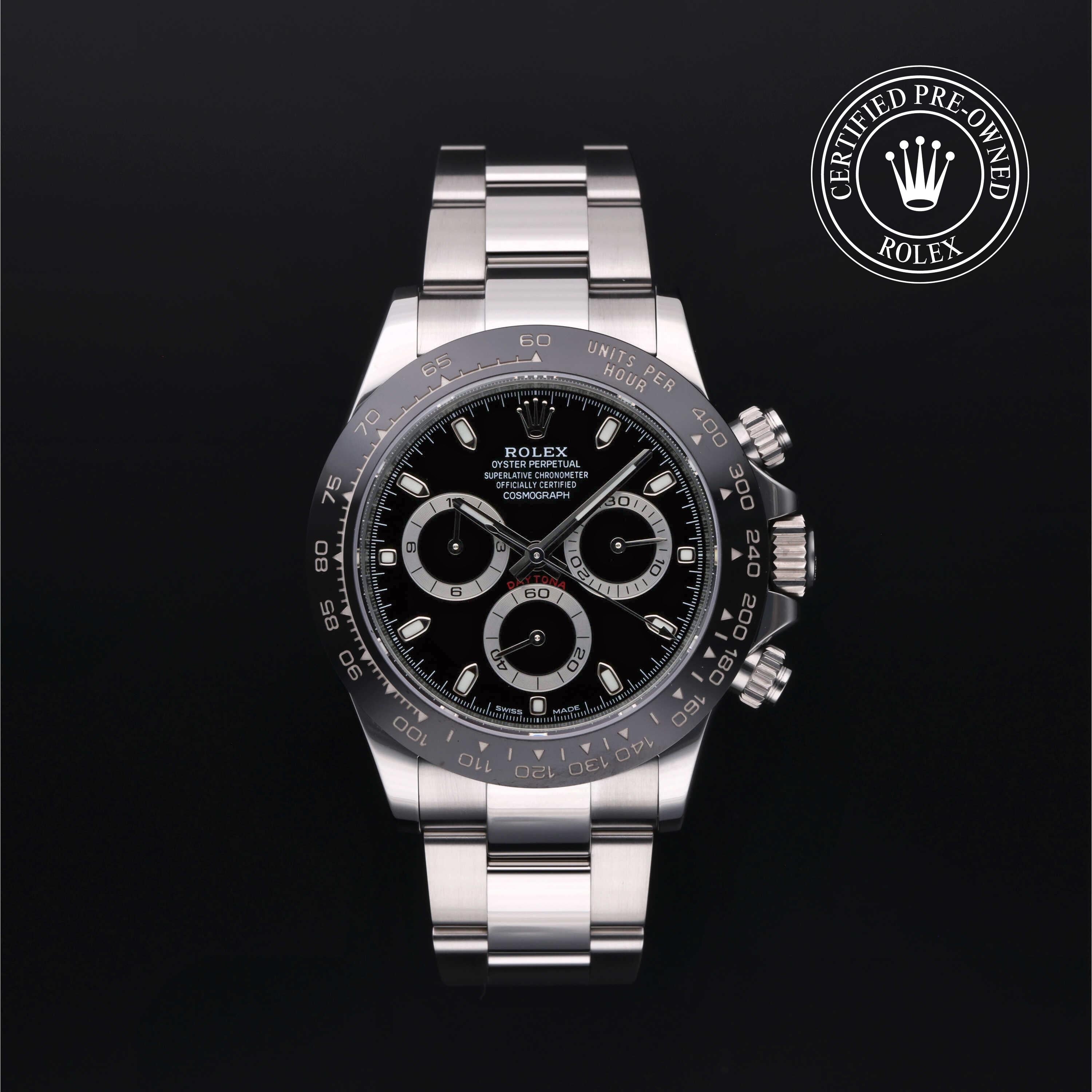 Rolex Certified Pre-owned Daytona M116500LN-0002 front on black background