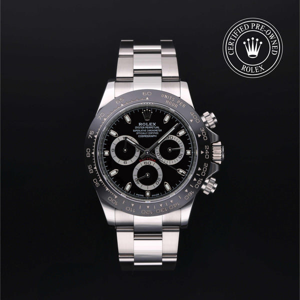 Rolex Certified Pre-owned Daytona M116500LN-0002 front on black background