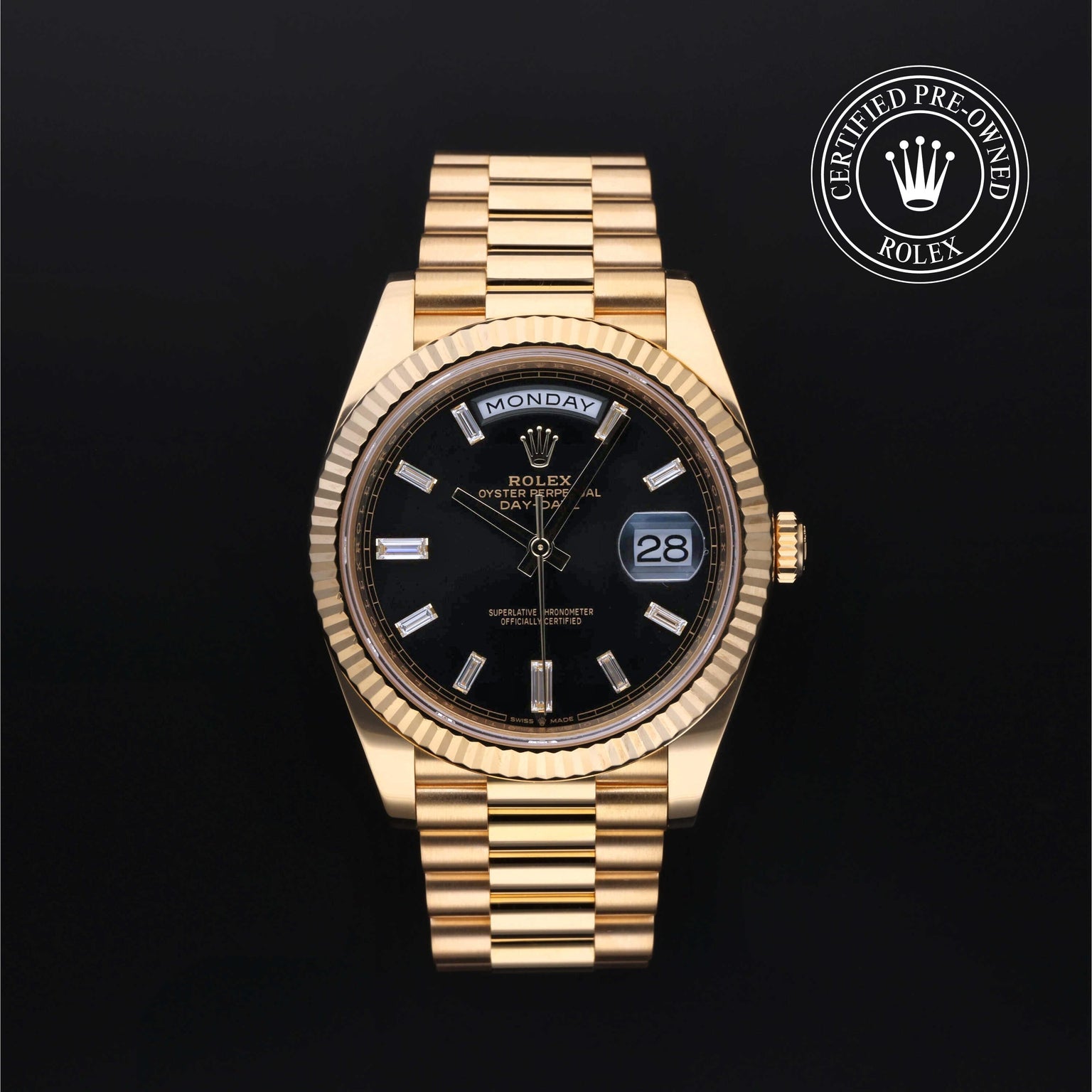 Rolex Certified Pre-owned Day-date M228238-0004 front on black background