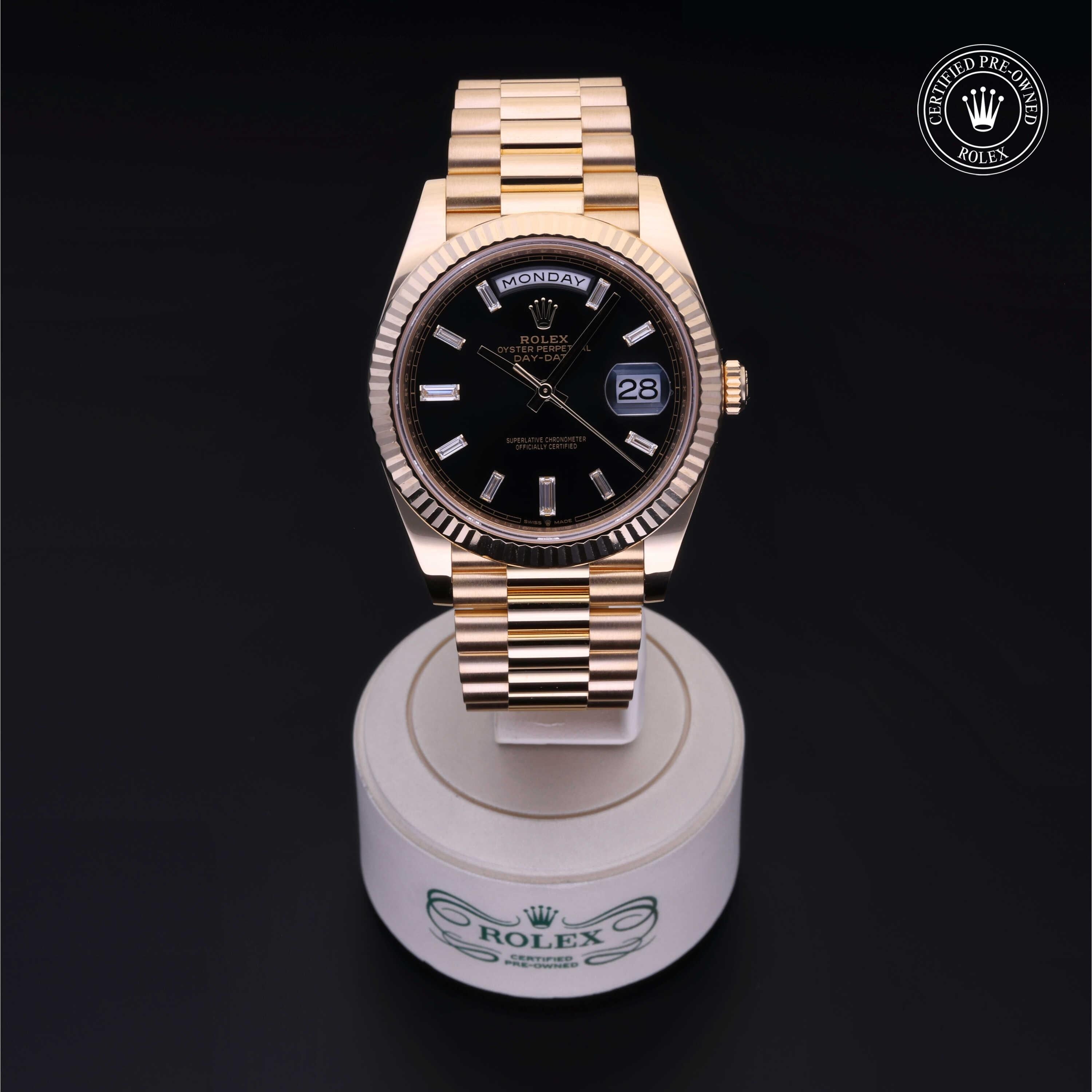 Rolex Certified Pre-owned Day-date M228238-0004 front on black background