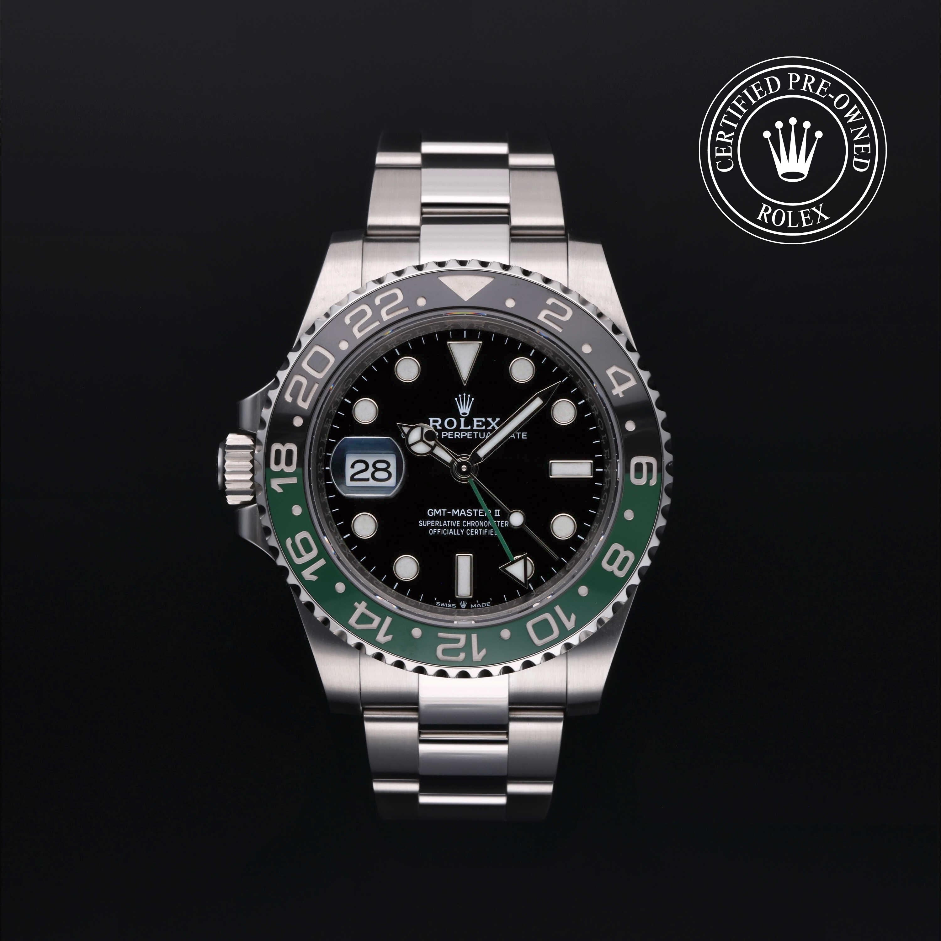 Rolex Certified Pre-owned GMT M126720VTNR-0001 front on black background