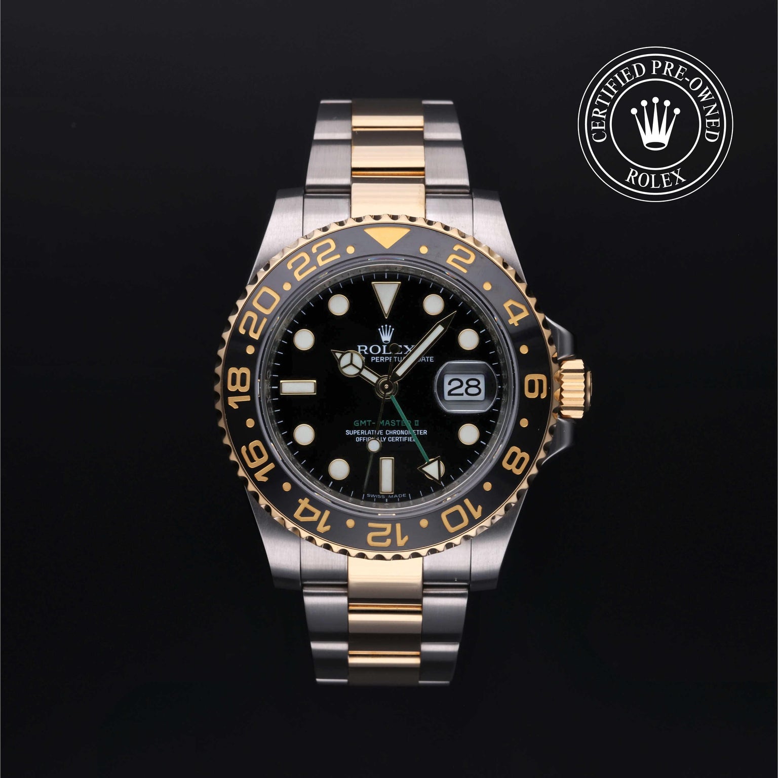 Rolex Certified Pre-owned GMT M116713LN-0001 front on black background