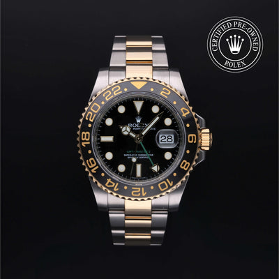 Rolex Certified Pre-owned GMT M116713LN-0001 front on black background