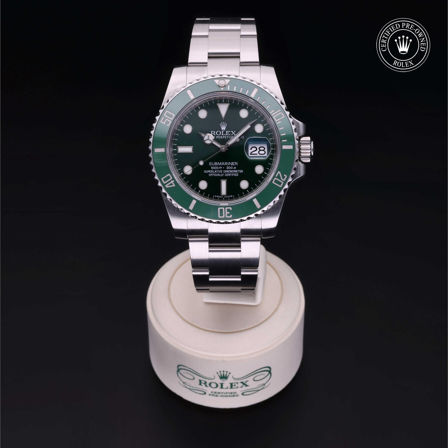 Rolex Certified Pre-owned Submariner M116610LV-0002 front on black background