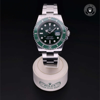Rolex Certified Pre-owned Submariner M116610LV-0002 front on black background