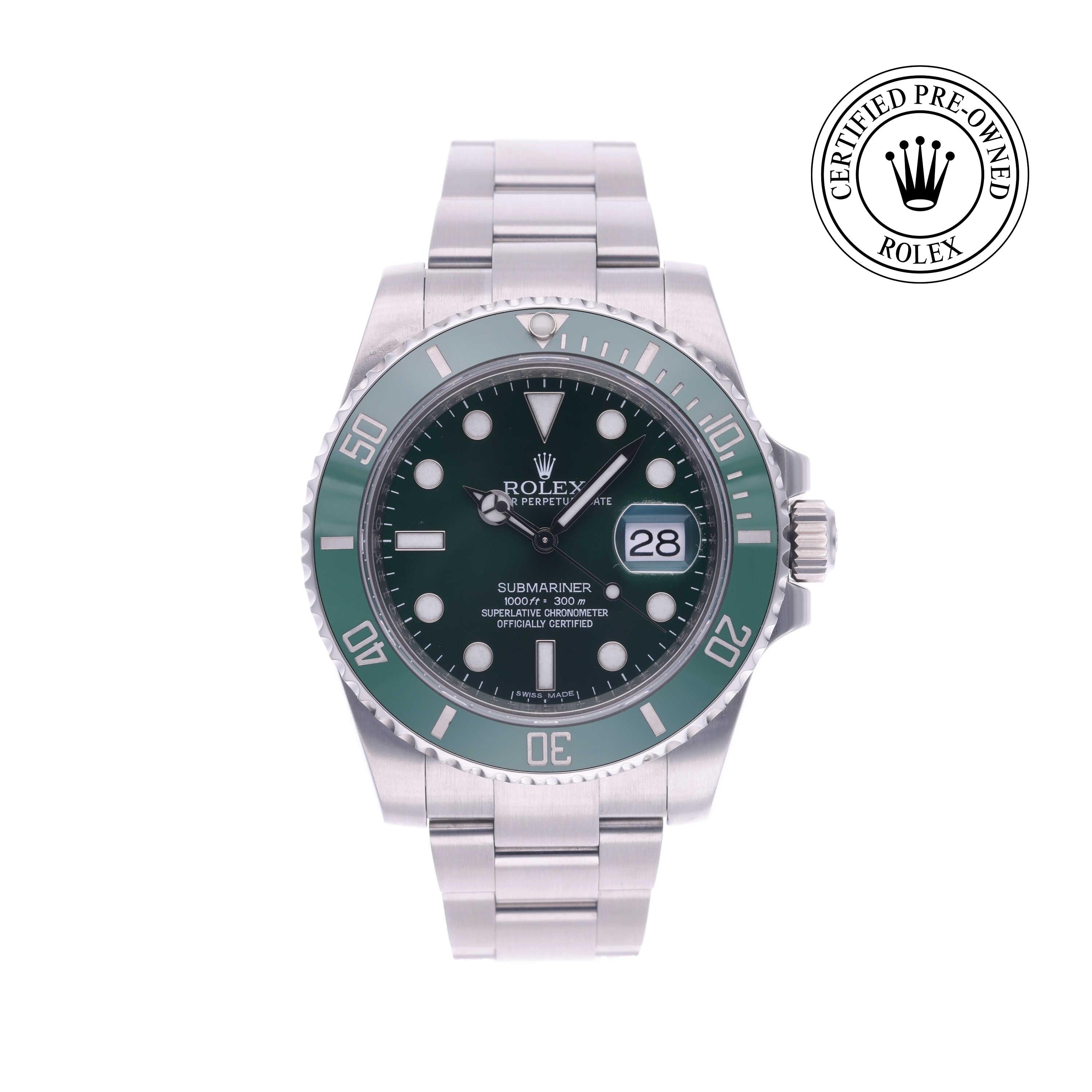 Rolex Certified Pre-owned Submariner M116610LV-0002 front on white background