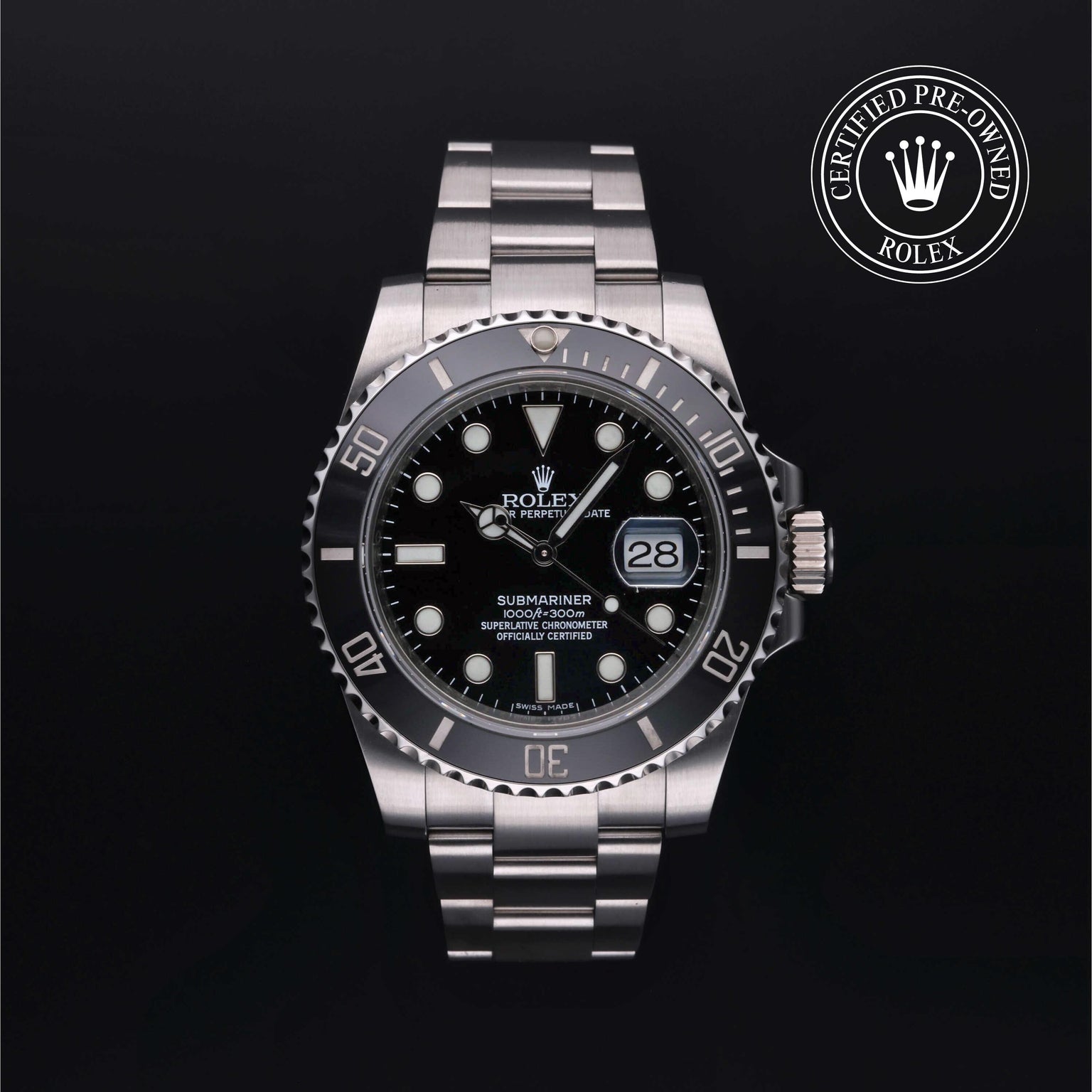 Rolex Certified Pre-owned Submariner M116610LN-0001 front on black background