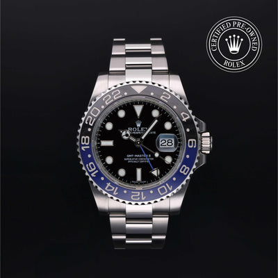 Rolex Certified Pre-owned GMT M116710BLNR-0002 front on black background